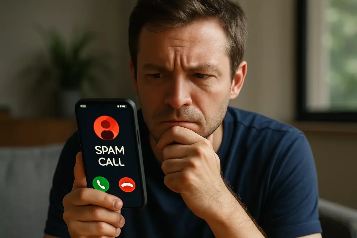 Homem enfrentando ligação de spam no celular Homem olhando preocupado para a tela do celular mostrando ligação de spam