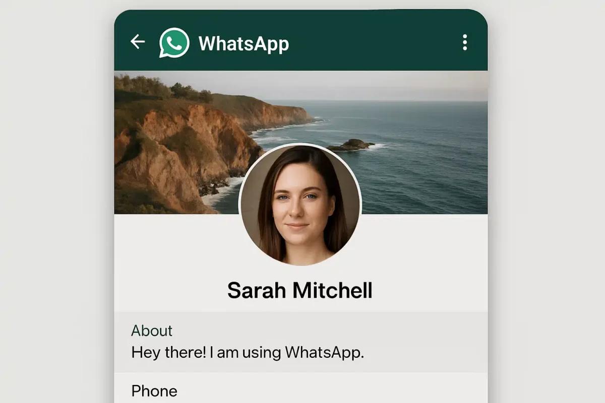 Perfil do WhatsApp exibindo foto de uma mulher e paisagem litorânea ao fundo Perfil do WhatsApp com foto de usuário e paisagem
