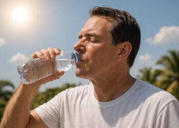 Homem bebendo água de uma garrafa plástica sob o sol