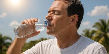 Homem bebendo água de uma garrafa plástica sob o sol