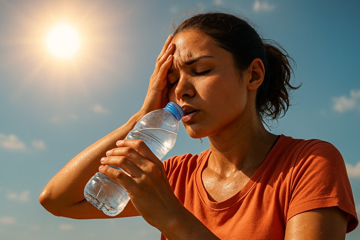 Mulher suada segurando uma garrafa de água ao sol forte