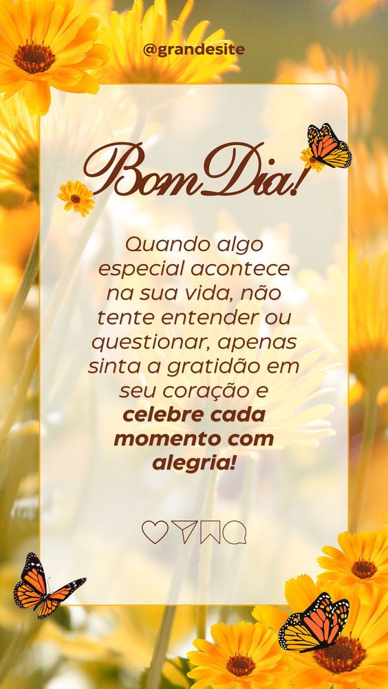 Mensagem de bom dia com flores amarelas e borboletas, incentivando gratidão