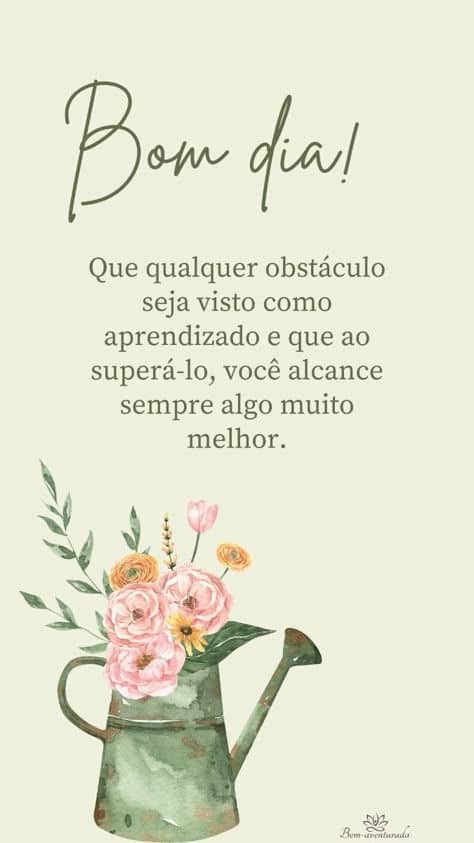 Ilustração com mensagem de bom dia encorajadora e flores coloridas em regador