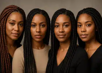 Quatro mulheres negras com tranças posando lado a lado