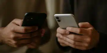 Duas pessoas seguram celulares enquanto interagem, tecnologia em destaque Legenda: Em 2026, o uso de smartphones segue crescendo, conectando pessoas e aproximando realidades digitais no cotidiano.