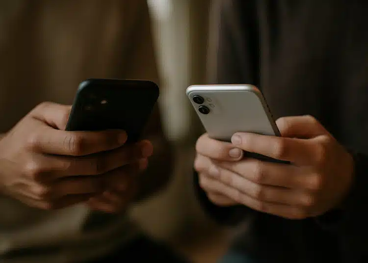 Duas pessoas seguram celulares enquanto interagem, tecnologia em destaque Legenda: Em 2026, o uso de smartphones segue crescendo, conectando pessoas e aproximando realidades digitais no cotidiano.