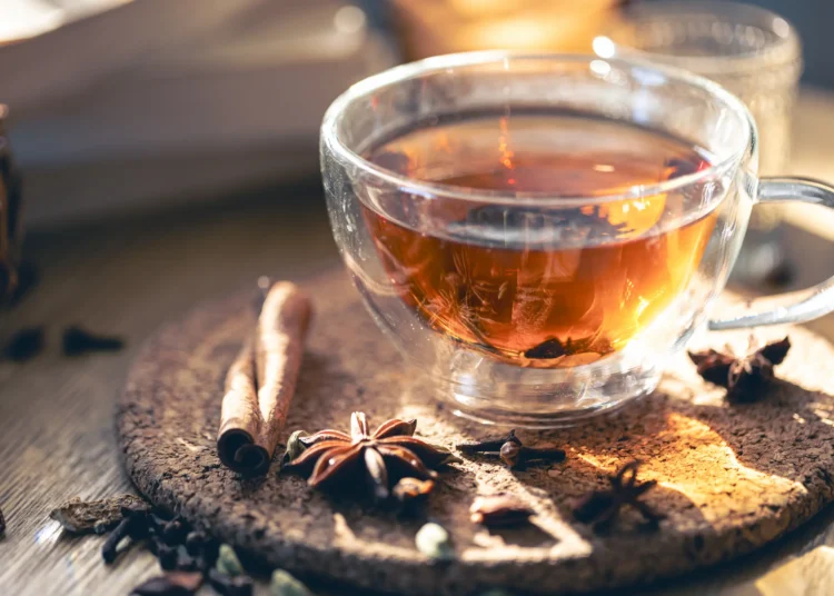 Xícara de chá quente com especiarias ao redor, representando bebidas naturais para controle de açúcar no sangue e redução da fome.