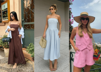 Colagem de três looks femininos para o verão 2026: à esquerda, um vestido longo marrom chocolate com alças finas; ao centro, um vestido midi azul pastel tomara que caia; à direita, um conjunto de colete e short rosa chiclete com chapéu de palha.
