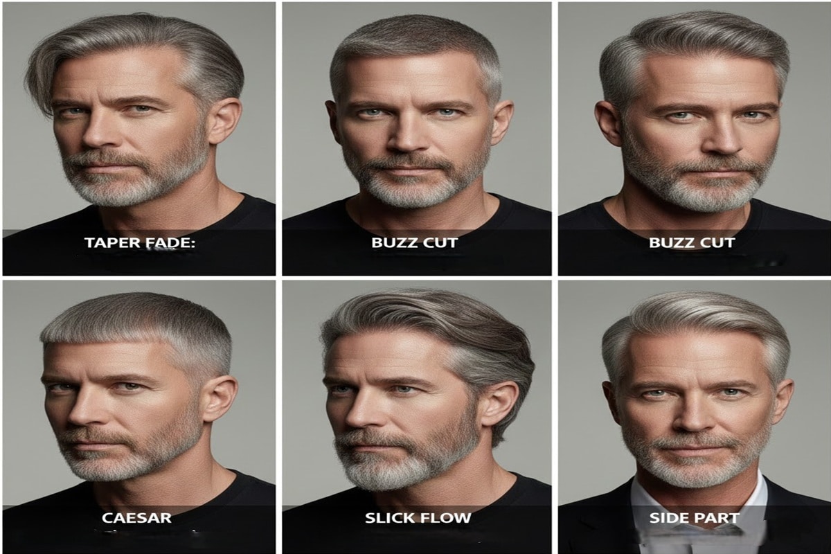 Seis retratos de homens maduros com cabelos grisalhos em fundo neutro