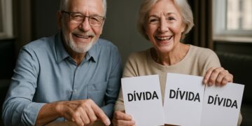 Casal de idosos sorrindo e segurando cartões com a palavra 'dívida'