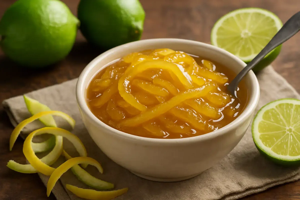 Doce de limão siciliano artesanal Doce de limão siciliano em tigela com limões ao fundo