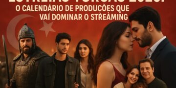 Montagem de personagens de séries turcas com fundo vermelho e texto sobre estreias de 2026