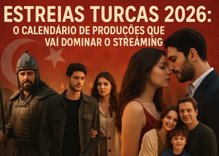 Montagem de personagens de séries turcas com fundo vermelho e texto sobre estreias de 2026