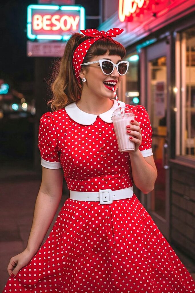 Mulher sorridente usando um vestido retrô vermelho com bolinhas brancas, óculos de sol brancos estilo "gatinho", faixa de cabelo combinando e tomando um milkshake.
