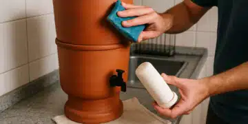 Pessoa limpando filtro de barro de cozinha com esponja e vela cerâmica.