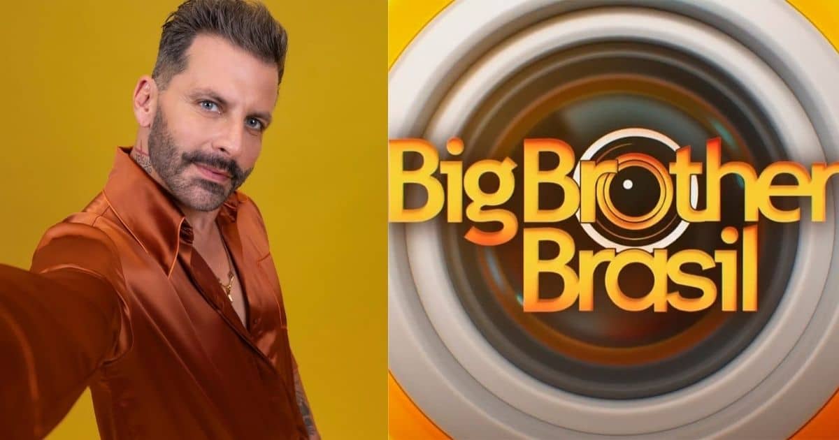 Pessoa tirando selfie com camisa acetinada laranja ao fundo amarelo, referência ao BBB