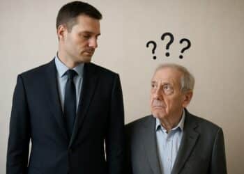 Homem mais jovem e homem mais velho de terno, com pontos de interrogação acima do homem mais velho