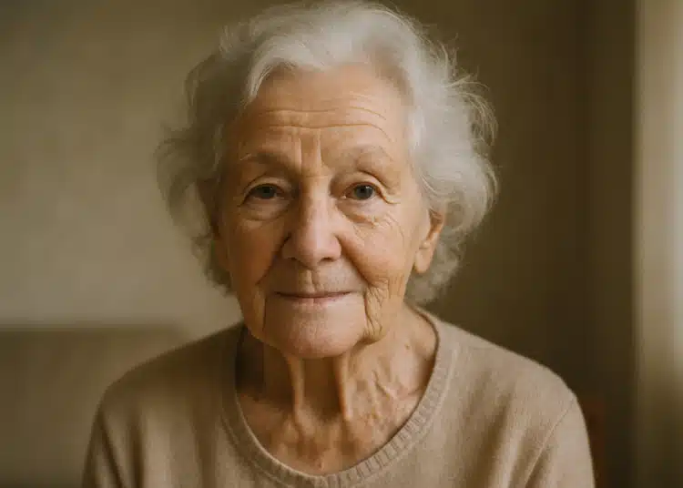 Idosa de cabelos brancos sorrindo levemente