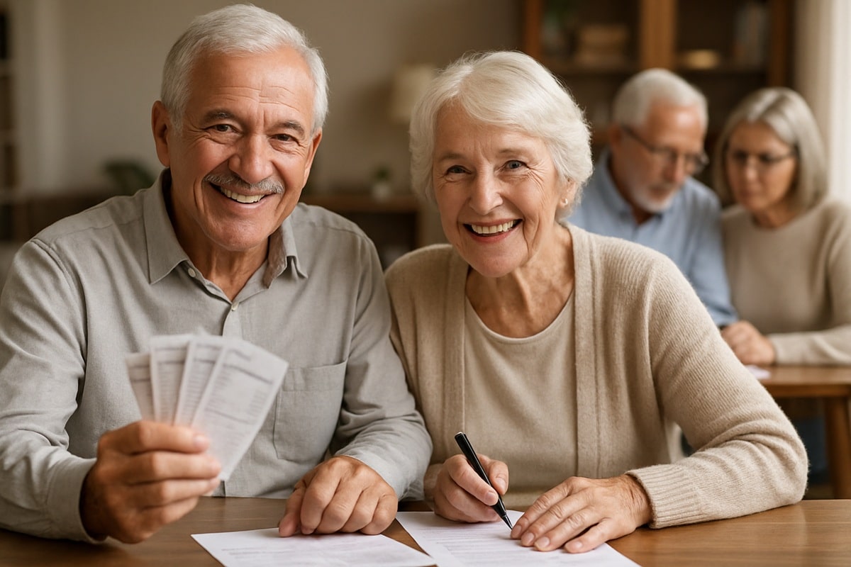 Casal de idosos sorrindo enquanto assinam documentos