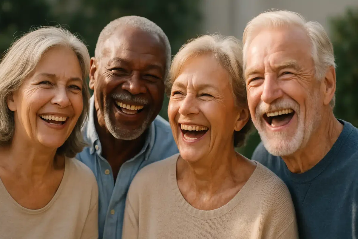 Idosos felizes sorrindo juntos Quatro pessoas idosas sorrindo juntas ao ar livre
