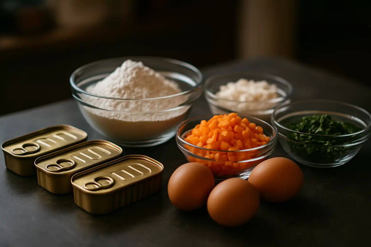 Ingredientes frescos e enlatados para receita prática. Ingredientes em tigelas de vidro e latas, incluindo ovos, farinha, vegetais picados e conservas.