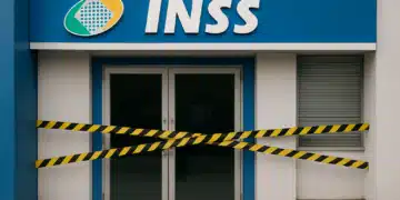 Fachada de agência do INSS fechada com fitas amarelas e pretas de interdição em 2026.