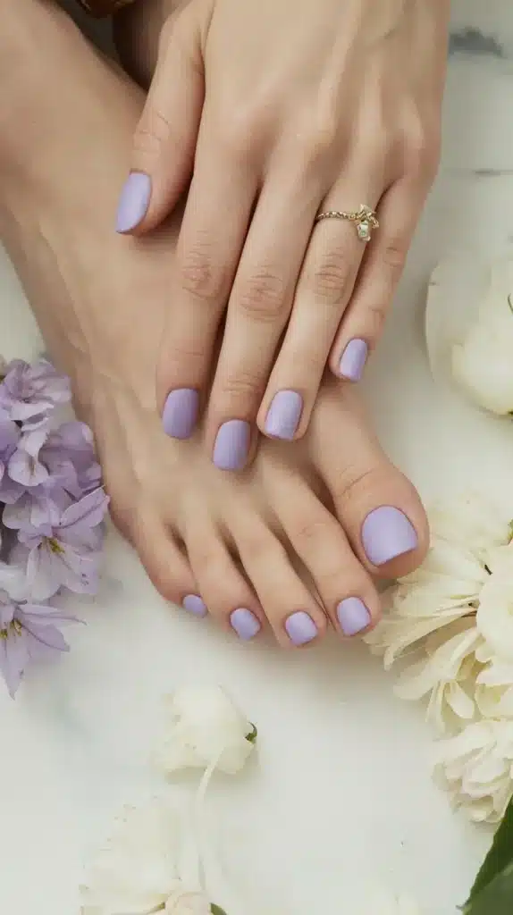Unhas lavanda com visual suave e elegante Unhas dos pés e das mãos em tom lavanda pastel com acabamento cremoso e delicado.