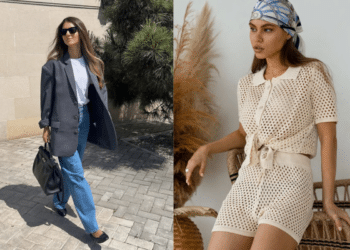 Colagem de dois looks femininos de 2026. À esquerda, uma mulher usa blazer oversized cinza, camiseta branca, jeans reto e scarpin preto. À direita, uma mulher usa conjunto de tricô bege vazado com amarração frontal e um lenço estampado na cabeça.