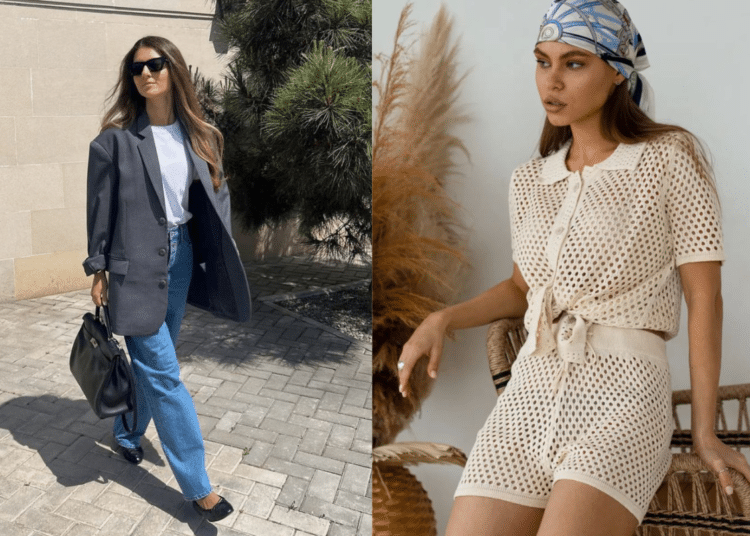 Colagem de dois looks femininos de 2026. À esquerda, uma mulher usa blazer oversized cinza, camiseta branca, jeans reto e scarpin preto. À direita, uma mulher usa conjunto de tricô bege vazado com amarração frontal e um lenço estampado na cabeça.
