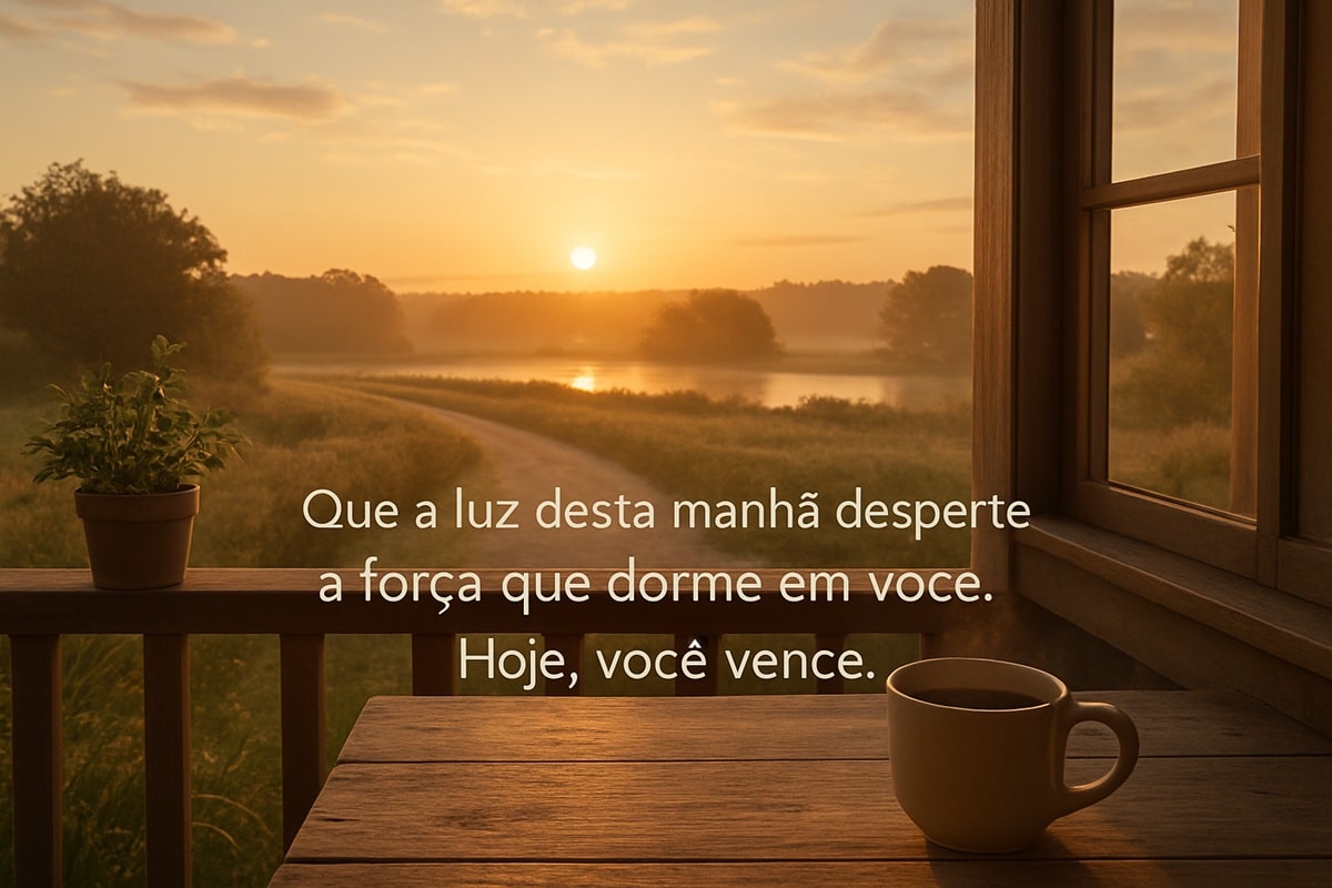 Xícara de café em uma varanda ao nascer do sol com frase motivacional