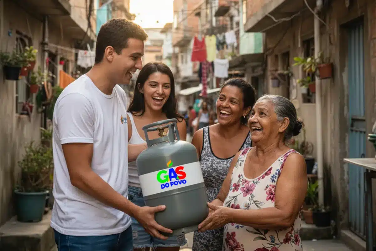 Entrega Solidária do Gás do Povo em Comunidade Jovens entregando botijão com logo Gás do Povo para senhora sorridente na favela