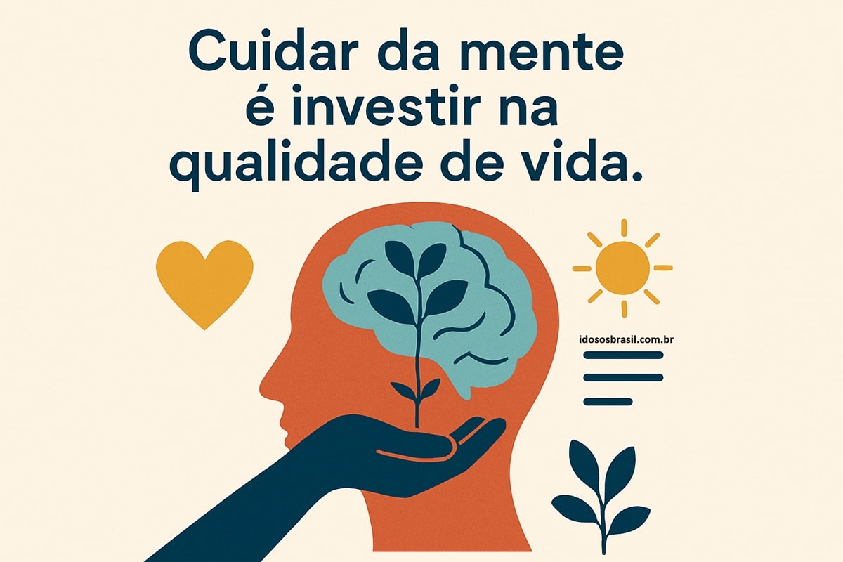 Ilustração de uma cabeça com um cérebro em formato de planta e a frase 'Cuidar da mente é investir na qualidade de vida'.
