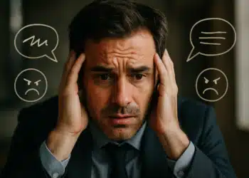 Homem estressado com as mãos na cabeça e desenhos de balões de fala e rostos irritados ao redor.