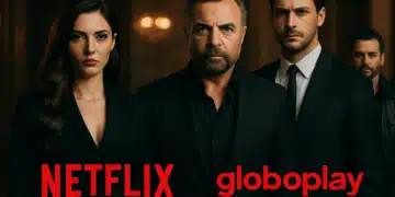 Três pessoas vestidas com roupas formais olhando seriamente para a câmera, com logotipos da Netflix e Globoplay.
