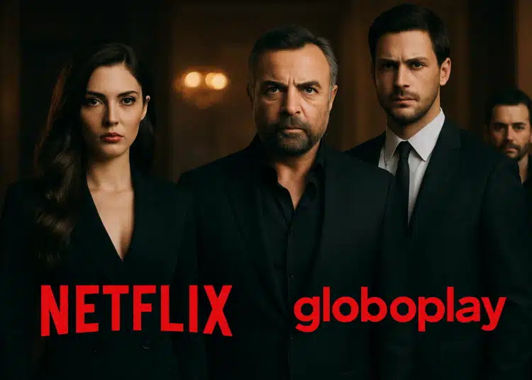 Três pessoas vestidas com roupas formais olhando seriamente para a câmera, com logotipos da Netflix e Globoplay.