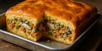 Torta de sardinha assada, recheada com legumes e massa dourada, em forma retangular.