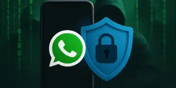 Celular com logo do WhatsApp e escudo azul com cadeado, fundo com figura de hacker e códigos binários