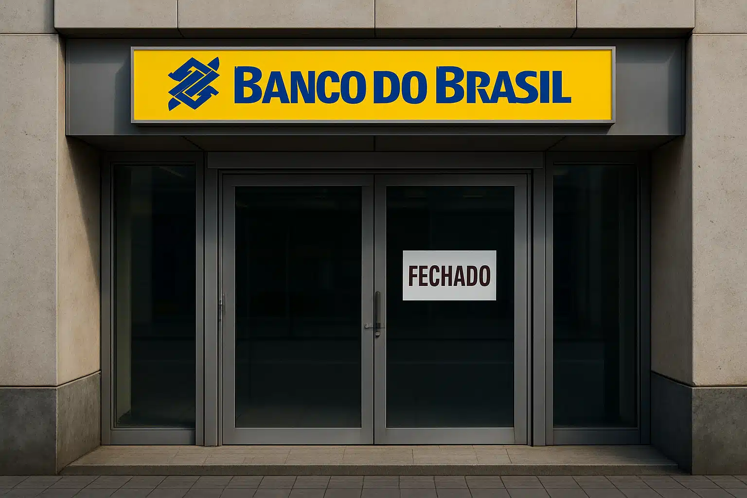 Banco do Brasil fechado. Fachada do Banco do Brasil com placa de fechado na porta.