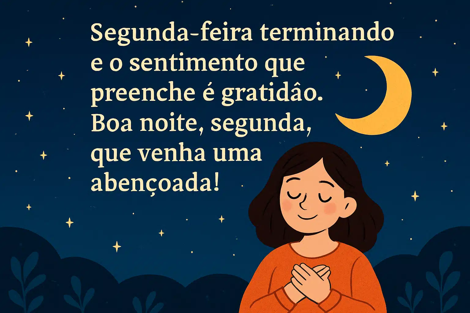 Boa noite, segunda! Ilustração de mulher sorrindo com mãos no peito sob céu noturno com estrelas, lua e mensagem de gratidão por segunda-feira.