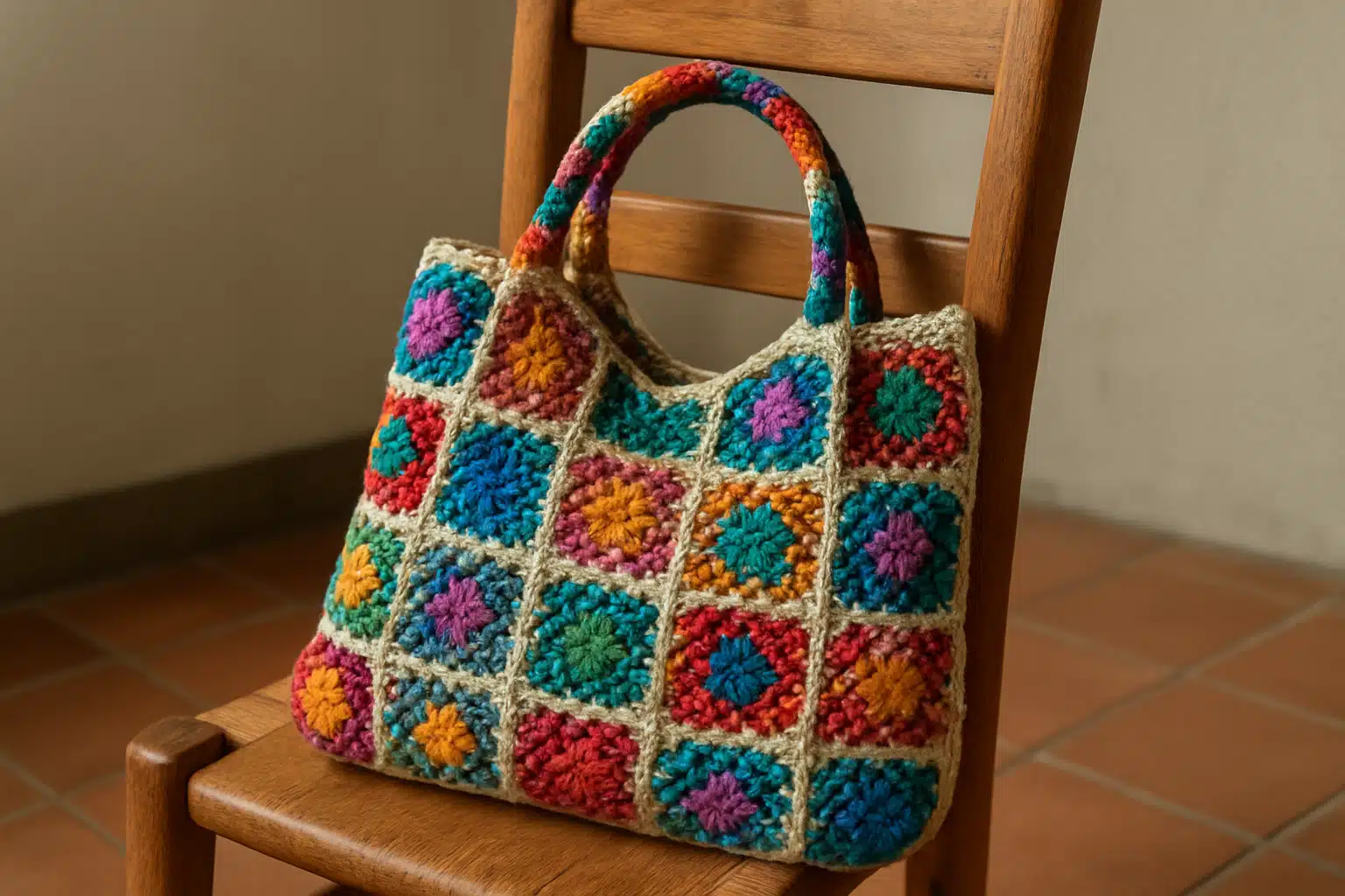 Bolsa de crochê. Bolsa de crochê colorida em cadeira de madeira.