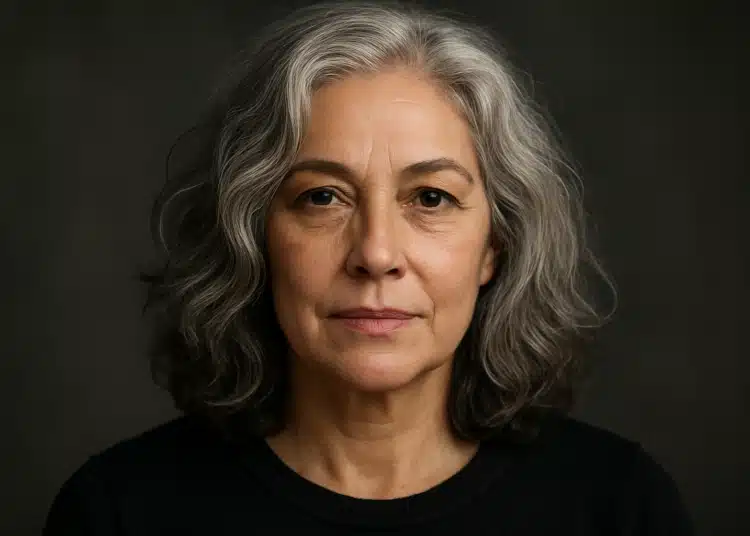 Mulher de cabelos grisalhos e expressão serena em fundo escuro.