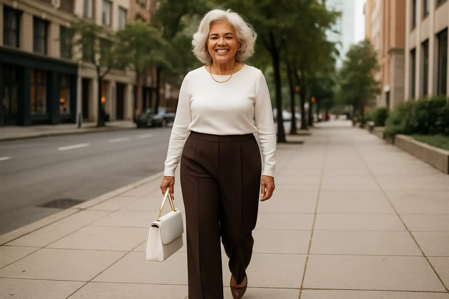 Calça de alfaiataria. Mulher idosa sorrindo enquanto caminha na calçada de uma cidade.