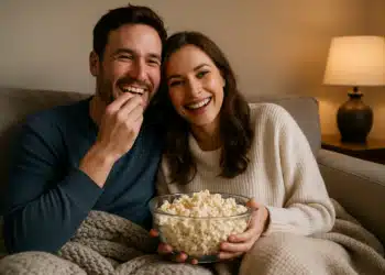 Casal sorridente sentado no sofá comendo pipoca.