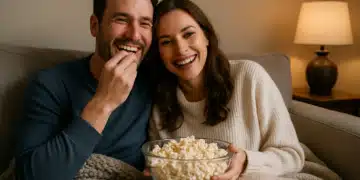 Casal sorridente sentado no sofá comendo pipoca.