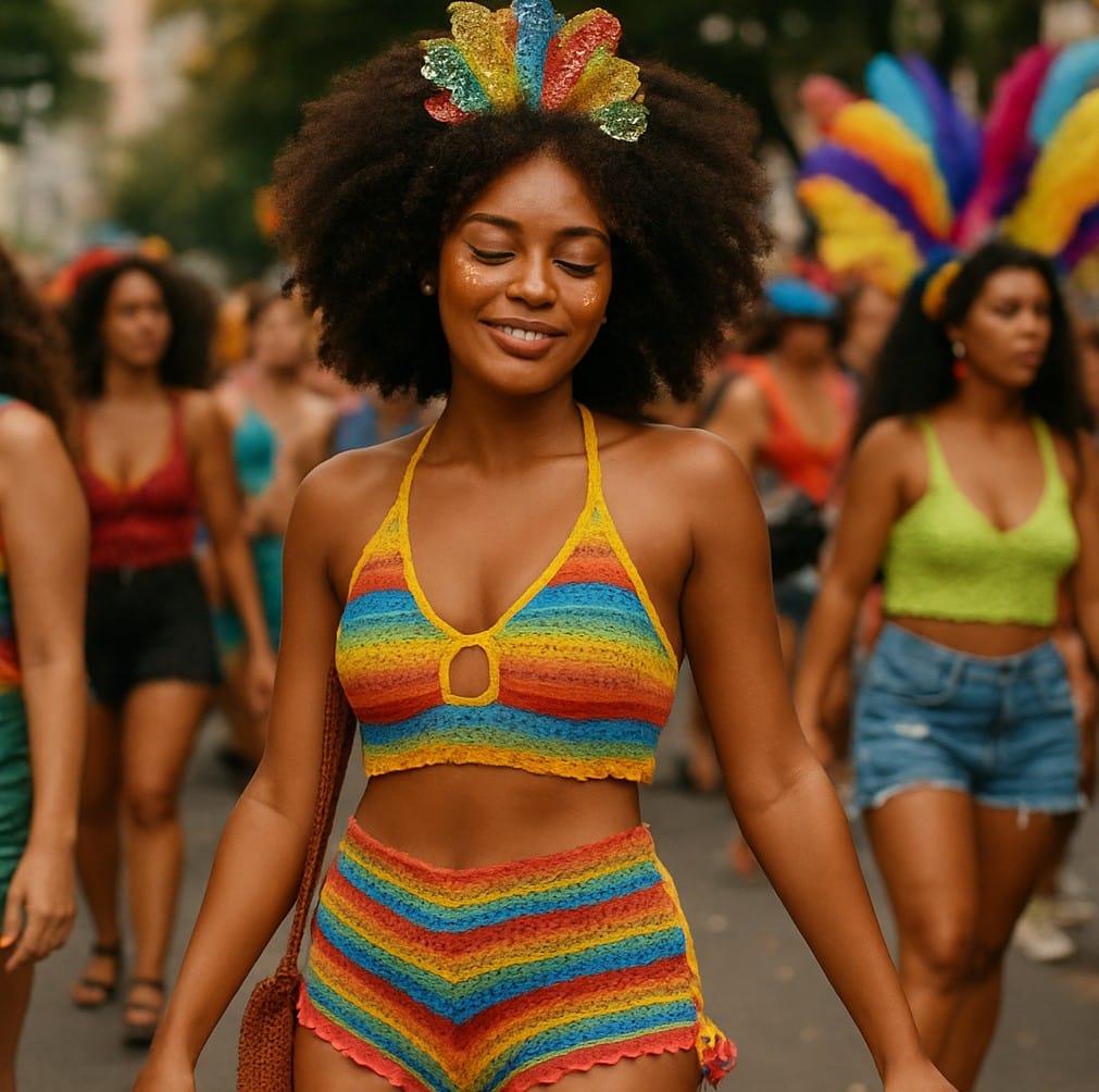 Mulher sorridente com fantasia colorida de arco-íris em bloco de carnaval.