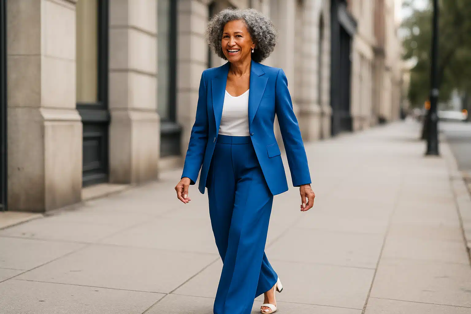Senhora elegante. Mulher madura de cabelo grisalho andando sorridente com terno azul em calçada urbana.