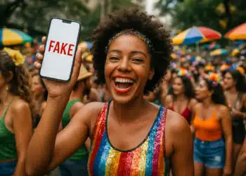 Mulher sorridente mostrando um celular com a palavra 'FAKE' na tela durante um bloco de carnaval.