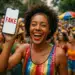 Mulher sorridente mostrando um celular com a palavra 'FAKE' na tela durante um bloco de carnaval.