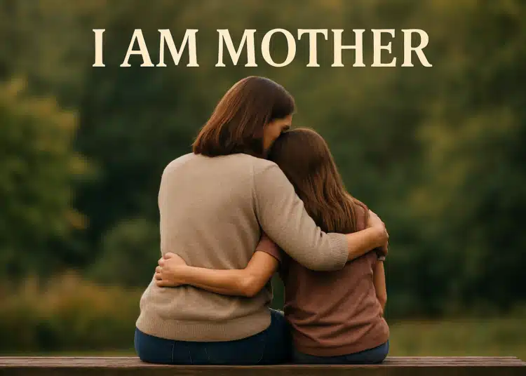 Mulher abraça menina sentadas em banco ao ar livre com árvores ao fundo.