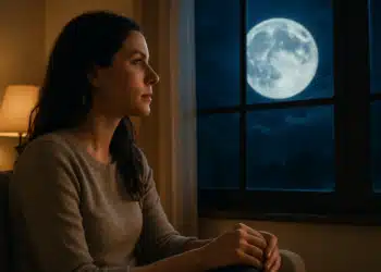 Mulher sentada olhando para a lua cheia através da janela à noite.
